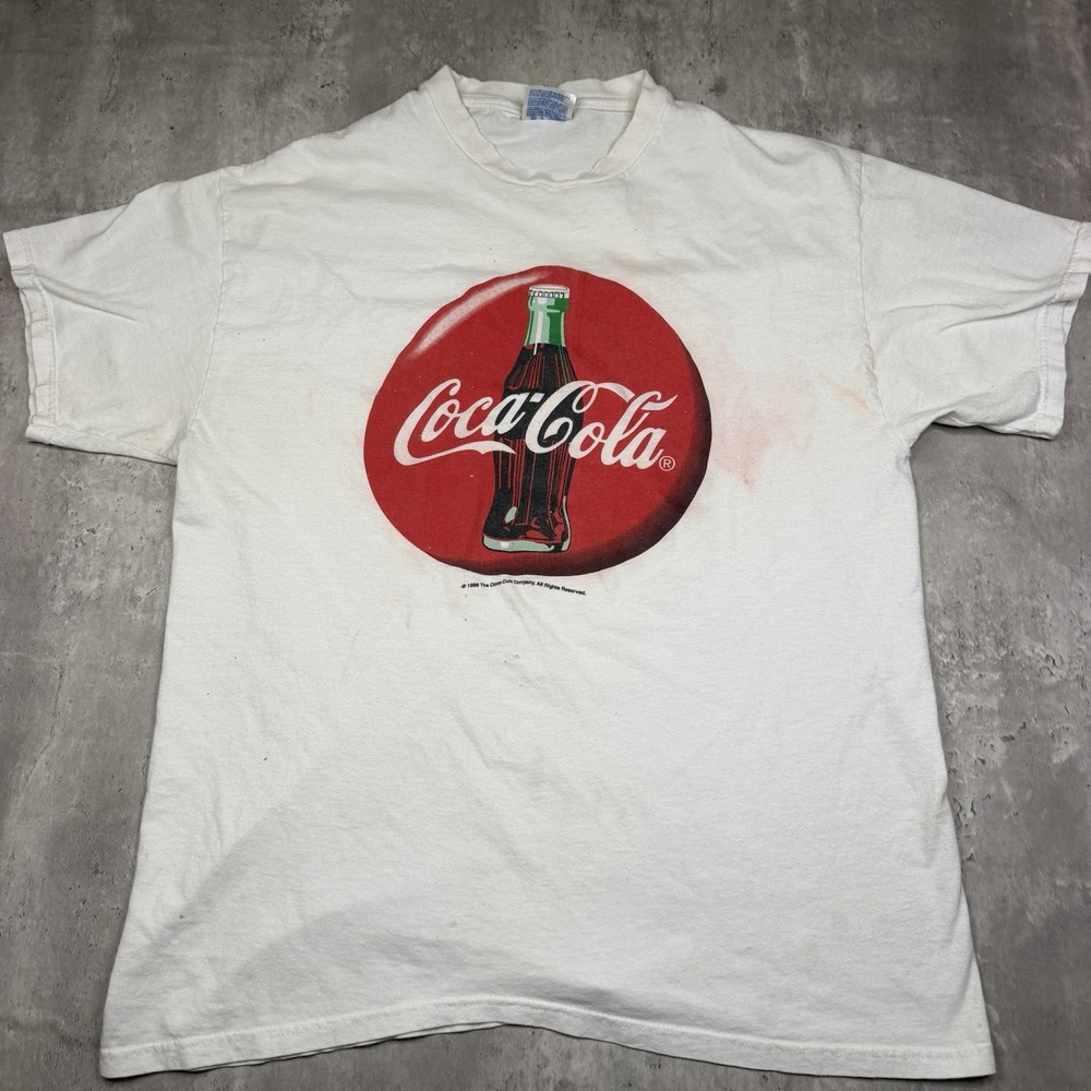 Vintage 1998 Coca-Cola Coke Classic Glass Bottle Logo Hanes T-Shirt White Large
